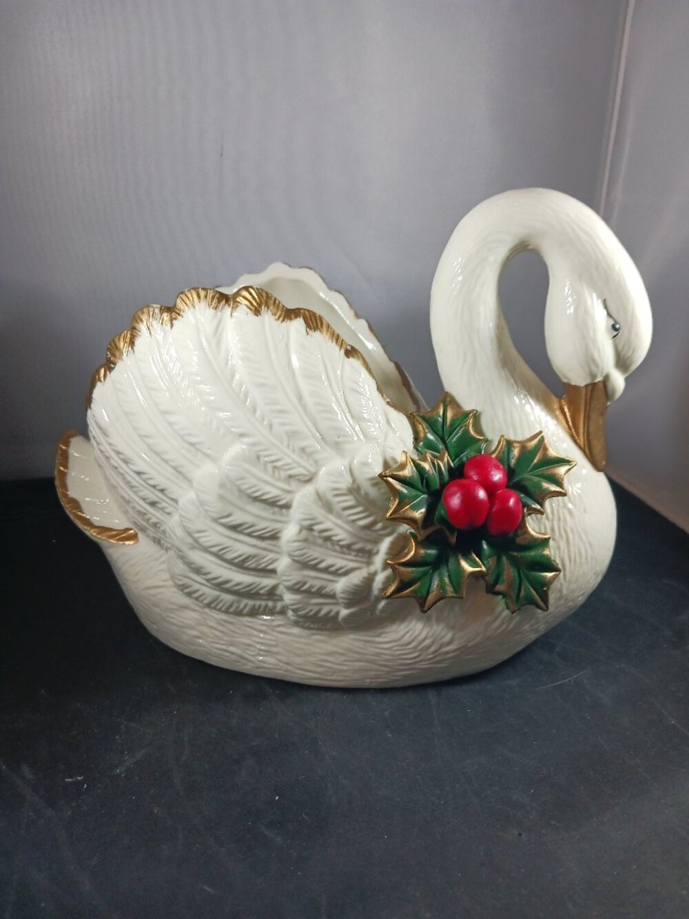 Vintage White Porcelain Christmas Grandmacore Swan Vase Planter Gold Trim